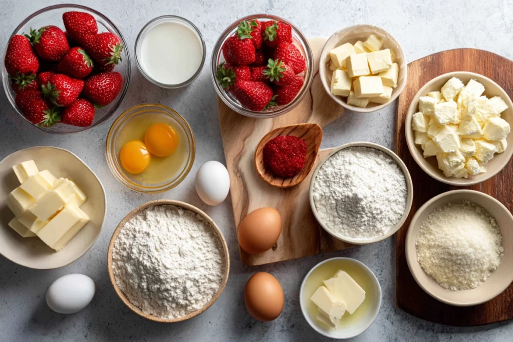 Ingredients for white chocolate strawberry cupcakes arranged on a kitchen counter