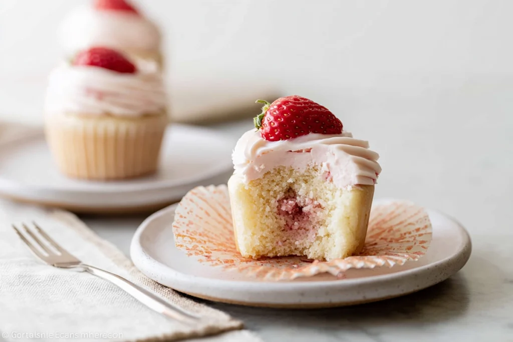 White chocolate strawberry cupcakes served and ready to eat