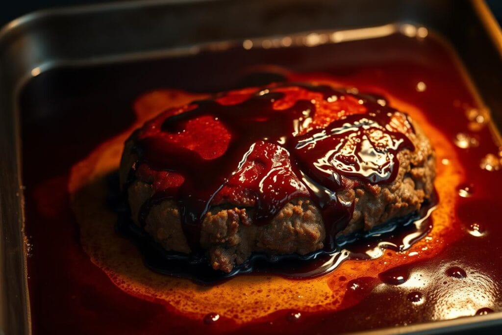 A baking tray filled with a mouthwatering meatloaf, its surface glistening with a rich, glossy balsamic glaze. The meatloaf is in the center, surrounded by a halo of sizzling juices. Warm, ambient lighting casts a cozy glow, highlighting the caramelized edges and the tender, juicy interior. The scene is captured from a slightly elevated angle, allowing the viewer to appreciate the layered textures and the tempting aroma of the dish. A soft, shallow depth of field gently blurs the background, keeping the focus on the star of the show - the perfectly baked balsamic glazed meatloaf. A baking tray filled with a mouthwatering meatloaf, its surface glistening with a rich, glossy balsamic glaze. The meatloaf is in the center, surrounded by a halo of sizzling juices. Warm, ambient lighting casts a cozy glow, highlighting the caramelized edges and the tender, juicy interior. The scene is captured from a slightly elevated angle, allowing the viewer to appreciate the layered textures and the tempting aroma of the dish. A soft, shallow depth of field gently blurs the background, keeping the focus on the star of the show - the perfectly baked balsamic glazed meatloaf.