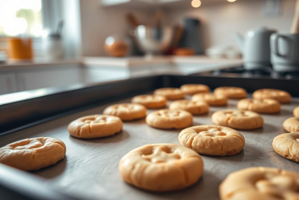A baking tray filled with freshly baked button-shaped cookies, their golden-brown tops glistening under the soft, warm light of a modern kitchen. The cookies are arranged neatly, some with a delicate crackle pattern on the surface, others with a smooth, buttery finish. The aroma of vanilla and butter wafts through the air, creating a cozy, inviting atmosphere. In the background, blurred but visible, a mixing bowl and a few kitchen utensils sit on the counter, suggesting the process of creating these delightful treats. The overall scene conveys a sense of homemade comfort and the joy of baking classic, timeless button cookies. A baking tray filled with freshly baked button-shaped cookies, their golden-brown tops glistening under the soft, warm light of a modern kitchen. The cookies are arranged neatly, some with a delicate crackle pattern on the surface, others with a smooth, buttery finish. The aroma of vanilla and butter wafts through the air, creating a cozy, inviting atmosphere. In the background, blurred but visible, a mixing bowl and a few kitchen utensils sit on the counter, suggesting the process of creating these delightful treats. The overall scene conveys a sense of homemade comfort and the joy of baking classic, timeless button cookies.