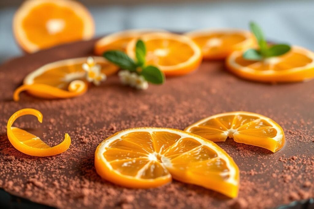 A beautifully arranged citrus cocoa dessert decoration, captured in soft, warm lighting. In the foreground, slices of bright orange citrus fruits, their zest and peel curled, are elegantly scattered across a dark chocolate ganache base. Dusted with a light coating of cocoa powder, the dessert's surface creates a rich, velvety texture. In the middle ground, delicate orange blossoms and sprigs of fresh mint add a vibrant, floral accent. The background features a subtle, out-of-focus backdrop, allowing the dessert to take center stage. The overall composition evokes a sense of luxurious indulgence and artful presentation, perfectly complementing the "Decorating and Finishing Touches" section of the "Moist Chocolate Orange Glaze Cake" article. A beautifully arranged citrus cocoa dessert decoration, captured in soft, warm lighting. In the foreground, slices of bright orange citrus fruits, their zest and peel curled, are elegantly scattered across a dark chocolate ganache base. Dusted with a light coating of cocoa powder, the dessert's surface creates a rich, velvety texture. In the middle ground, delicate orange blossoms and sprigs of fresh mint add a vibrant, floral accent. The background features a subtle, out-of-focus backdrop, allowing the dessert to take center stage. The overall composition evokes a sense of luxurious indulgence and artful presentation, perfectly complementing the "Decorating and Finishing Touches" section of the "Moist Chocolate Orange Glaze Cake" article.