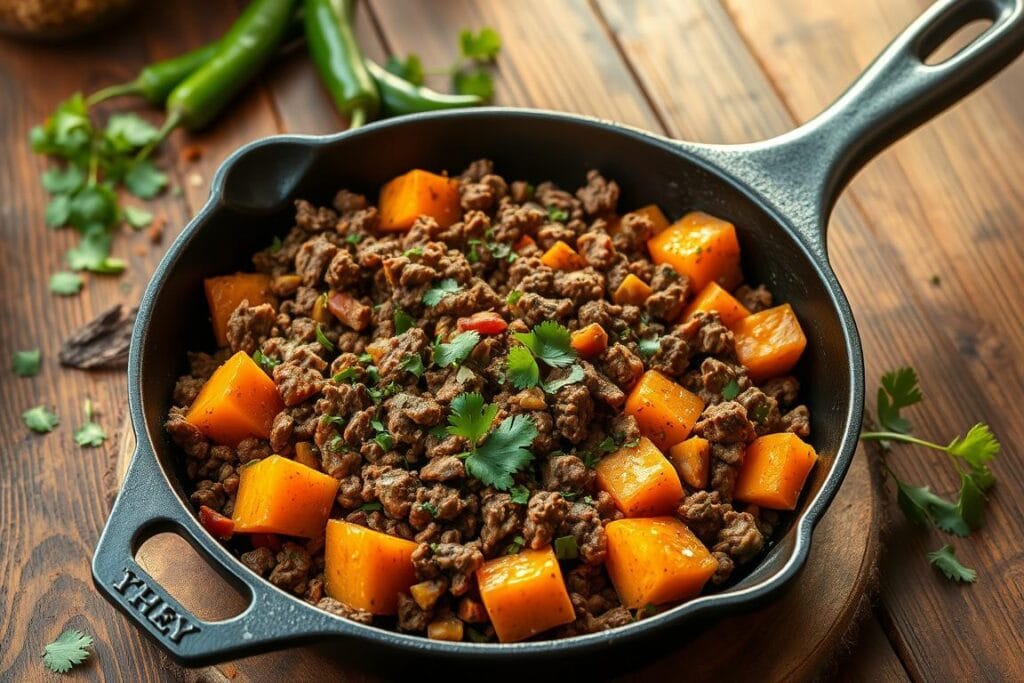 A beautifully lit, high-resolution photograph of a cast-iron skillet filled with a hearty Southwest ground beef and sweet potato hash. The skillet is set against a rustic wooden table, with vibrant green chiles, aromatic spices, and fresh cilantro scattered around the edges. The ground beef is cooked to a perfect brown, contrasting with the soft, caramelized sweet potatoes. The lighting is warm and natural, casting a inviting glow over the entire scene. The image captures the homey, comforting essence of this flavorful, satisfying skillet dish. A beautifully lit, high-resolution photograph of a cast-iron skillet filled with a hearty Southwest ground beef and sweet potato hash. The skillet is set against a rustic wooden table, with vibrant green chiles, aromatic spices, and fresh cilantro scattered around the edges. The ground beef is cooked to a perfect brown, contrasting with the soft, caramelized sweet potatoes. The lighting is warm and natural, casting a inviting glow over the entire scene. The image captures the homey, comforting essence of this flavorful, satisfying skillet dish.
