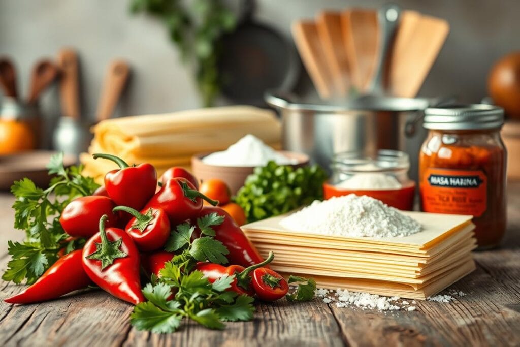 A beautifully lit, high-resolution still life photograph of the key ingredients for tamale soup arranged on a rustic wooden table against a soft, out-of-focus background. In the foreground, vibrant red chili peppers, green tomatillos, and a bundle of fresh cilantro. In the middle ground, a stack of corn husks, a bowl of masa harina, and a jar of salsa. In the background, a steaming pot and a few kitchen utensils, creating a cozy, homemade atmosphere. A beautifully lit, high-resolution still life photograph of the key ingredients for tamale soup arranged on a rustic wooden table against a soft, out-of-focus background. In the foreground, vibrant red chili peppers, green tomatillos, and a bundle of fresh cilantro. In the middle ground, a stack of corn husks, a bowl of masa harina, and a jar of salsa. In the background, a steaming pot and a few kitchen utensils, creating a cozy, homemade atmosphere.