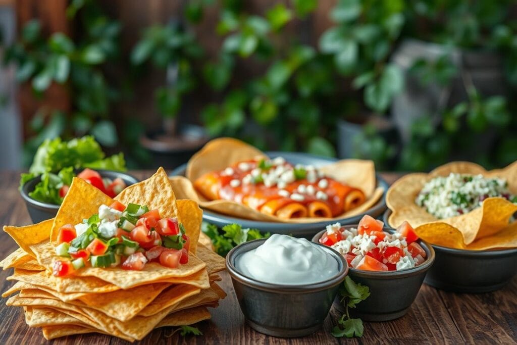 A beautifully lit overhead shot of a rustic wooden table, adorned with a vibrant assortment of enchilada serving suggestions. In the foreground, a stack of crispy tortilla chips frames a colorful array of toppings - diced tomatoes, shredded lettuce, dollops of sour cream, and crumbled cotija cheese. In the middle ground, a steaming plate of enchiladas, sauced to perfection, nestled among warm corn tortillas. In the background, a lush, out-of-focus greenery provides a natural, earthy backdrop, while soft, diffused lighting casts a cozy, inviting glow over the scene. The overall mood is one of comforting, homemade goodness, inviting the viewer to savor the perfect accompaniments to this classic Mexican dish.