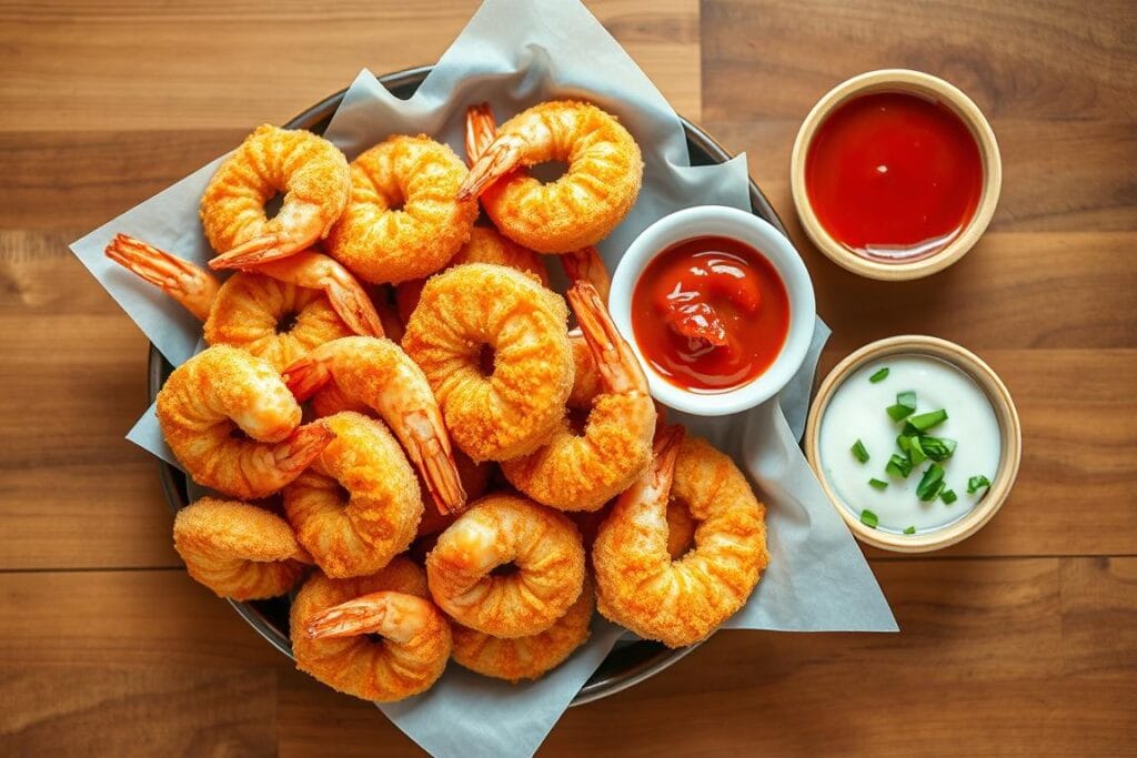 A beautifully lit overhead shot of a wooden table, with a serving platter of golden-brown panko shrimp arranged in an elegant, symmetrical pattern. The shrimp glisten with a crisp, inviting texture, accompanied by a selection of dipping sauces in small ceramic bowls - a vibrant red cocktail sauce, a creamy white tartar sauce, and a sprinkle of fresh chopped parsley for garnish. The scene has a warm, natural lighting that casts a soft, appetizing glow, highlighting the delicious details of the dish. The background is blurred, allowing the shrimp and sauces to take center stage, showcasing them as the star of the culinary presentation. A beautifully lit overhead shot of a wooden table, with a serving platter of golden-brown panko shrimp arranged in an elegant, symmetrical pattern. The shrimp glisten with a crisp, inviting texture, accompanied by a selection of dipping sauces in small ceramic bowls - a vibrant red cocktail sauce, a creamy white tartar sauce, and a sprinkle of fresh chopped parsley for garnish. The scene has a warm, natural lighting that casts a soft, appetizing glow, highlighting the delicious details of the dish. The background is blurred, allowing the shrimp and sauces to take center stage, showcasing them as the star of the culinary presentation.