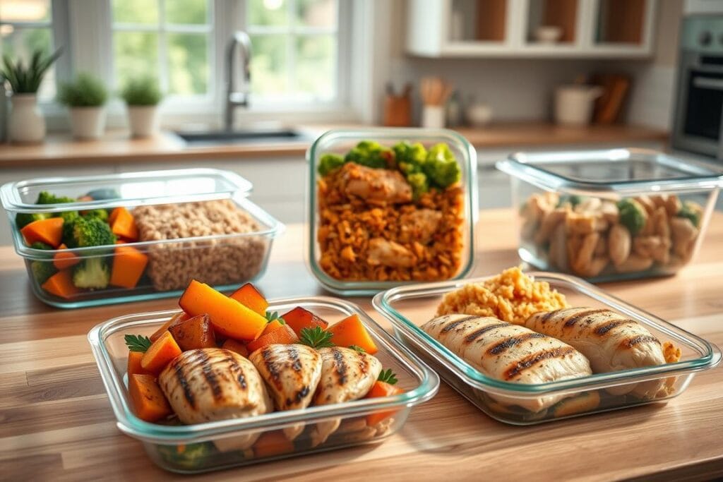 A beautifully lit, top-down view of a wooden kitchen counter showcasing various meal prep containers filled with delicious chicken dishes. In the foreground, perfectly portioned grilled chicken breasts with a variety of vibrant veggie sides like roasted sweet potatoes, steamed broccoli, and quinoa. In the middle ground, glass meal prep containers with expertly arranged chicken and rice, chicken and vegetable stir-fry, and chicken with pasta and pesto. The background features a subtly blurred view of a light and airy kitchen, with natural light streaming in from large windows. The overall atmosphere conveys the ease and benefits of meal prepping healthy, flavorful chicken-based meals for the week ahead. A beautifully lit, top-down view of a wooden kitchen counter showcasing various meal prep containers filled with delicious chicken dishes. In the foreground, perfectly portioned grilled chicken breasts with a variety of vibrant veggie sides like roasted sweet potatoes, steamed broccoli, and quinoa. In the middle ground, glass meal prep containers with expertly arranged chicken and rice, chicken and vegetable stir-fry, and chicken with pasta and pesto. The background features a subtly blurred view of a light and airy kitchen, with natural light streaming in from large windows. The overall atmosphere conveys the ease and benefits of meal prepping healthy, flavorful chicken-based meals for the week ahead.