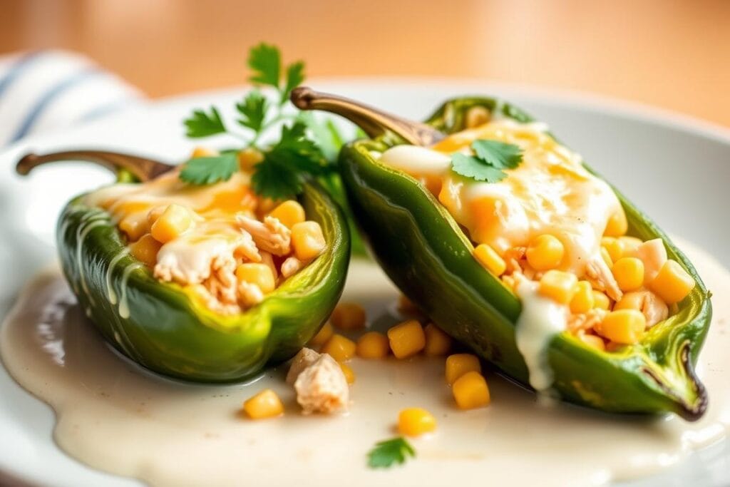 A beautifully plated dish of cheesy chicken and corn stuffed poblano peppers. In the foreground, two luscious poblano peppers, their vibrant green skin roasted to perfection, resting on a bed of creamy white sauce. The peppers are bursting with a rich, savory filling of shredded chicken, sweet corn kernels, and melted cheddar cheese. The middle ground features a garnish of fresh cilantro sprigs and a drizzle of the creamy sauce, adding a touch of color and freshness. The background is softly blurred, allowing the hero dish to take center stage. Lit by warm, natural lighting, the overall scene evokes a cozy, comforting atmosphere, perfectly capturing the essence of "Cheesy Chicken and Corn Stuffed Poblano Peppers." A beautifully plated dish of cheesy chicken and corn stuffed poblano peppers. In the foreground, two luscious poblano peppers, their vibrant green skin roasted to perfection, resting on a bed of creamy white sauce. The peppers are bursting with a rich, savory filling of shredded chicken, sweet corn kernels, and melted cheddar cheese. The middle ground features a garnish of fresh cilantro sprigs and a drizzle of the creamy sauce, adding a touch of color and freshness. The background is softly blurred, allowing the hero dish to take center stage. Lit by warm, natural lighting, the overall scene evokes a cozy, comforting atmosphere, perfectly capturing the essence of "Cheesy Chicken and Corn Stuffed Poblano Peppers."