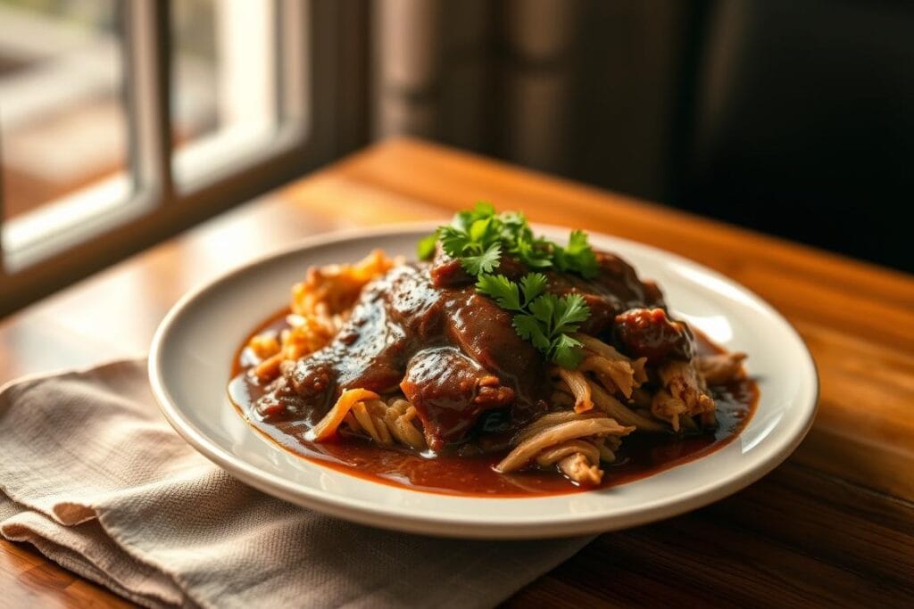 A beautifully plated dish of chicken mole, the rich, complex sauce drizzled elegantly over tender, shredded chicken. The plate is set on a wooden table, with a textured napkin and a garnish of fresh cilantro adding a touch of vibrant color. Indirect lighting from a window casts a warm, inviting glow, highlighting the depth of the mole's chocolate and spice notes. The composition is balanced, with the chicken taking center stage, inviting the viewer to imagine the flavors and textures of this authentic Mexican specialty. A beautifully plated dish of chicken mole, the rich, complex sauce drizzled elegantly over tender, shredded chicken. The plate is set on a wooden table, with a textured napkin and a garnish of fresh cilantro adding a touch of vibrant color. Indirect lighting from a window casts a warm, inviting glow, highlighting the depth of the mole's chocolate and spice notes. The composition is balanced, with the chicken taking center stage, inviting the viewer to imagine the flavors and textures of this authentic Mexican specialty.