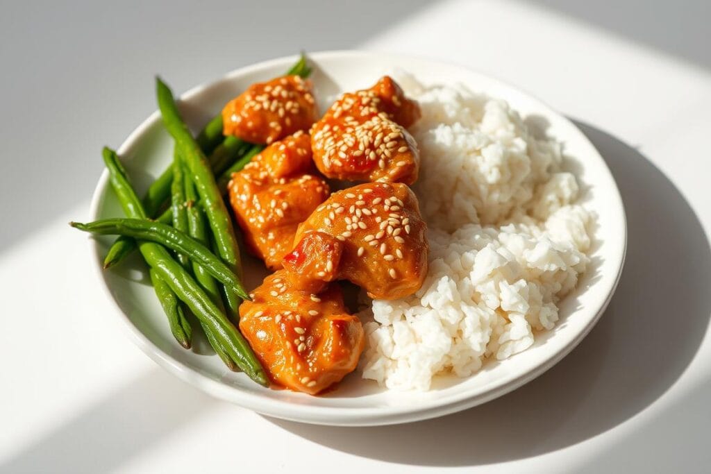 A beautifully plated sesame chicken dish sits on a clean, white ceramic plate. The tender, glistening chicken is artfully arranged, with sesame seeds sprinkled generously across the surface. Crisp, vibrant green beans are perfectly placed alongside the chicken, creating a visually striking contrast. A small mound of fragrant, fluffy white rice completes the composition, inviting the viewer to imagine the delightful flavors and textures of this well-balanced meal. Soft, directional lighting casts subtle shadows, highlighting the dish's dimensional qualities and creating an elegant, appetizing atmosphere. A beautifully plated sesame chicken dish sits on a clean, white ceramic plate. The tender, glistening chicken is artfully arranged, with sesame seeds sprinkled generously across the surface. Crisp, vibrant green beans are perfectly placed alongside the chicken, creating a visually striking contrast. A small mound of fragrant, fluffy white rice completes the composition, inviting the viewer to imagine the delightful flavors and textures of this well-balanced meal. Soft, directional lighting casts subtle shadows, highlighting the dish's dimensional qualities and creating an elegant, appetizing atmosphere.