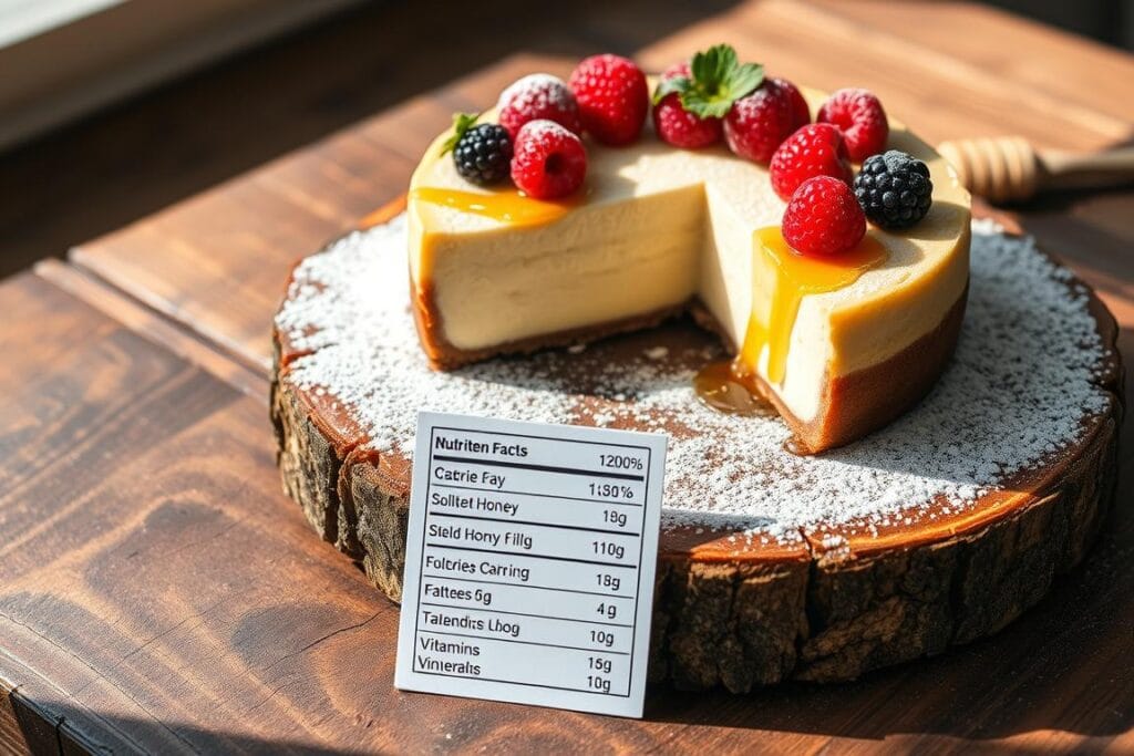 A beautifully presented homemade cheesecake on a rustic wooden surface, sliced to reveal its creamy, rich interior. The cake is garnished with fresh berries, a drizzle of honey, and a light dusting of powdered sugar. Soft natural lighting casts a warm glow, highlighting the cake's smooth texture and delicate presentation. In the foreground, a neatly arranged display of nutritional information, including the cake's macronutrient breakdown, calorie count, and a list of key vitamins and minerals. The overall scene conveys a sense of indulgence balanced with a focus on healthy, mindful eating. A beautifully presented homemade cheesecake on a rustic wooden surface, sliced to reveal its creamy, rich interior. The cake is garnished with fresh berries, a drizzle of honey, and a light dusting of powdered sugar. Soft natural lighting casts a warm glow, highlighting the cake's smooth texture and delicate presentation. In the foreground, a neatly arranged display of nutritional information, including the cake's macronutrient breakdown, calorie count, and a list of key vitamins and minerals. The overall scene conveys a sense of indulgence balanced with a focus on healthy, mindful eating.