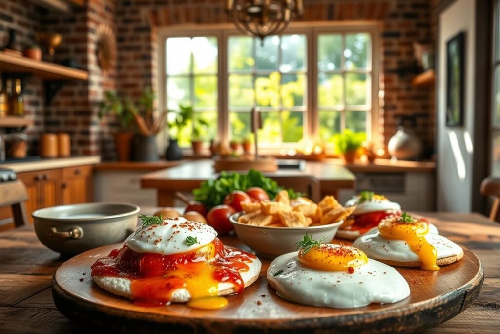 A beautifully styled brunch scene set against a warm, rustic backdrop. In the foreground, a wooden table laden with a feast of jammy eggs, chili-infused butter, and thick, creamy garlic yogurt, garnished with fresh herbs and a sprinkle of vibrant spices. Behind it, a cozy, sun-dappled kitchen with exposed brick walls, brass accents, and a vintage-inspired lighting fixture casting a gentle glow. In the background, a large window frames a lush, verdant garden, hinting at the perfect pairing of this flavorful dish with a side of fresh, seasonal produce. The overall atmosphere is one of effortless elegance and the inviting promise of a delightful brunch experience. A beautifully styled brunch scene set against a warm, rustic backdrop. In the foreground, a wooden table laden with a feast of jammy eggs, chili-infused butter, and thick, creamy garlic yogurt, garnished with fresh herbs and a sprinkle of vibrant spices. Behind it, a cozy, sun-dappled kitchen with exposed brick walls, brass accents, and a vintage-inspired lighting fixture casting a gentle glow. In the background, a large window frames a lush, verdant garden, hinting at the perfect pairing of this flavorful dish with a side of fresh, seasonal produce. The overall atmosphere is one of effortless elegance and the inviting promise of a delightful brunch experience.