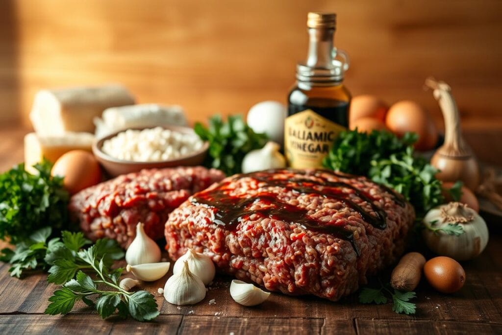A bountiful arrangement of fresh ingredients for the perfect balsamic glazed meatloaf. Resting on a rustic wooden surface, the foreground showcases a selection of ground beef, breadcrumbs, eggs, onions, garlic, and herbs, all neatly organized. In the midground, a bottle of balsamic vinegar and a jar of brown sugar take center stage, hinting at the signature glaze. The background is softly blurred, allowing the essential components to shine. Warm, directional lighting casts subtle shadows, lending a sense of depth and texture to the scene. The overall mood is one of culinary anticipation, inviting the viewer to imagine the savory aroma and satisfying flavors of the impending dish. A bountiful arrangement of fresh ingredients for the perfect balsamic glazed meatloaf. Resting on a rustic wooden surface, the foreground showcases a selection of ground beef, breadcrumbs, eggs, onions, garlic, and herbs, all neatly organized. In the midground, a bottle of balsamic vinegar and a jar of brown sugar take center stage, hinting at the signature glaze. The background is softly blurred, allowing the essential components to shine. Warm, directional lighting casts subtle shadows, lending a sense of depth and texture to the scene. The overall mood is one of culinary anticipation, inviting the viewer to imagine the savory aroma and satisfying flavors of the impending dish.