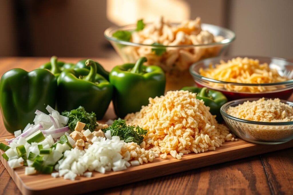 A bountiful arrangement of key ingredients for a delectable stuffed peppers recipe. In the foreground, vibrant poblano peppers sit alongside a cutting board showcasing diced onions, minced garlic, and freshly chopped cilantro. In the middle ground, a bowl overflows with shredded cooked chicken, grated cheddar cheese, and a small pile of cooked rice. The background is bathed in warm, natural lighting, creating a cozy, homemade atmosphere. The overall composition conveys the essential elements needed to craft a creamy, cheesy, and comforting stuffed pepper dish. A bountiful arrangement of key ingredients for a delectable stuffed peppers recipe. In the foreground, vibrant poblano peppers sit alongside a cutting board showcasing diced onions, minced garlic, and freshly chopped cilantro. In the middle ground, a bowl overflows with shredded cooked chicken, grated cheddar cheese, and a small pile of cooked rice. The background is bathed in warm, natural lighting, creating a cozy, homemade atmosphere. The overall composition conveys the essential elements needed to craft a creamy, cheesy, and comforting stuffed pepper dish.