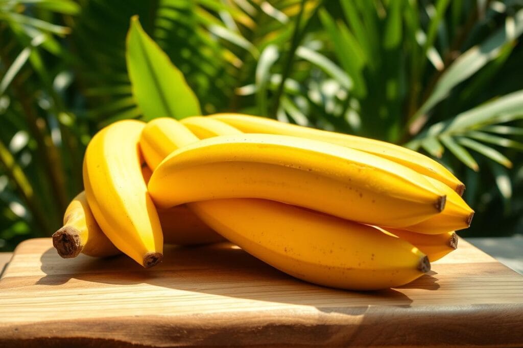 A bountiful arrangement of ripe, golden-yellow bananas sits atop a rustic, wooden cutting board, illuminated by warm, directional lighting casting soft shadows. The bananas are just the right degree of ripeness, with their skins slightly speckled and their flesh yielding to the gentle touch. In the background, a lush, tropical foliage provides a serene, island-inspired setting, hinting at the delicious Hawaiian banana bread to be baked. The overall scene exudes a sense of freshness, abundance, and the promise of a delectable culinary creation. A bountiful arrangement of ripe, golden-yellow bananas sits atop a rustic, wooden cutting board, illuminated by warm, directional lighting casting soft shadows. The bananas are just the right degree of ripeness, with their skins slightly speckled and their flesh yielding to the gentle touch. In the background, a lush, tropical foliage provides a serene, island-inspired setting, hinting at the delicious Hawaiian banana bread to be baked. The overall scene exudes a sense of freshness, abundance, and the promise of a delectable culinary creation.