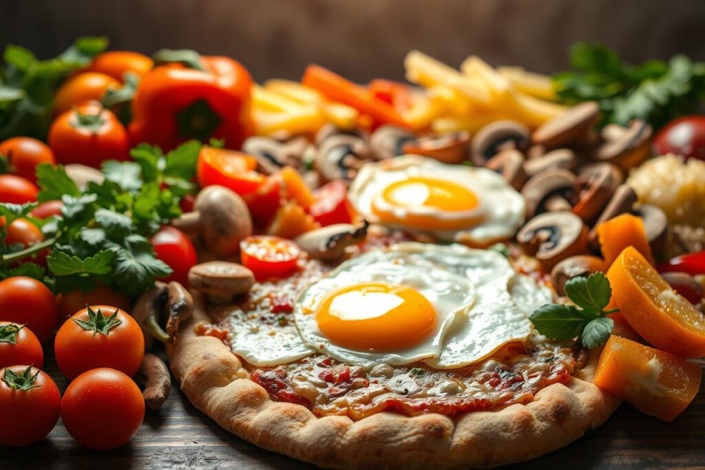 A bountiful assortment of fresh, nutrient-rich ingredients for a mouthwatering breakfast pizza. In the foreground, an array of colorful vegetables - ripe tomatoes, crisp bell peppers, and earthy mushrooms - neatly arranged. Beside them, a medley of protein-packed toppings, including savory sausage, fluffy scrambled eggs, and melty cheese. In the middle ground, a golden, hand-tossed pizza crust serves as the foundation, its edges lightly charred. Illuminated by soft, natural lighting from above, creating a warm, inviting atmosphere. The scene is captured from a slightly elevated angle, showcasing the tempting array of flavors and textures that will make this breakfast pizza an irresistible and nutritious morning delight. A bountiful assortment of fresh, nutrient-rich ingredients for a mouthwatering breakfast pizza. In the foreground, an array of colorful vegetables - ripe tomatoes, crisp bell peppers, and earthy mushrooms - neatly arranged. Beside them, a medley of protein-packed toppings, including savory sausage, fluffy scrambled eggs, and melty cheese. In the middle ground, a golden, hand-tossed pizza crust serves as the foundation, its edges lightly charred. Illuminated by soft, natural lighting from above, creating a warm, inviting atmosphere. The scene is captured from a slightly elevated angle, showcasing the tempting array of flavors and textures that will make this breakfast pizza an irresistible and nutritious morning delight.