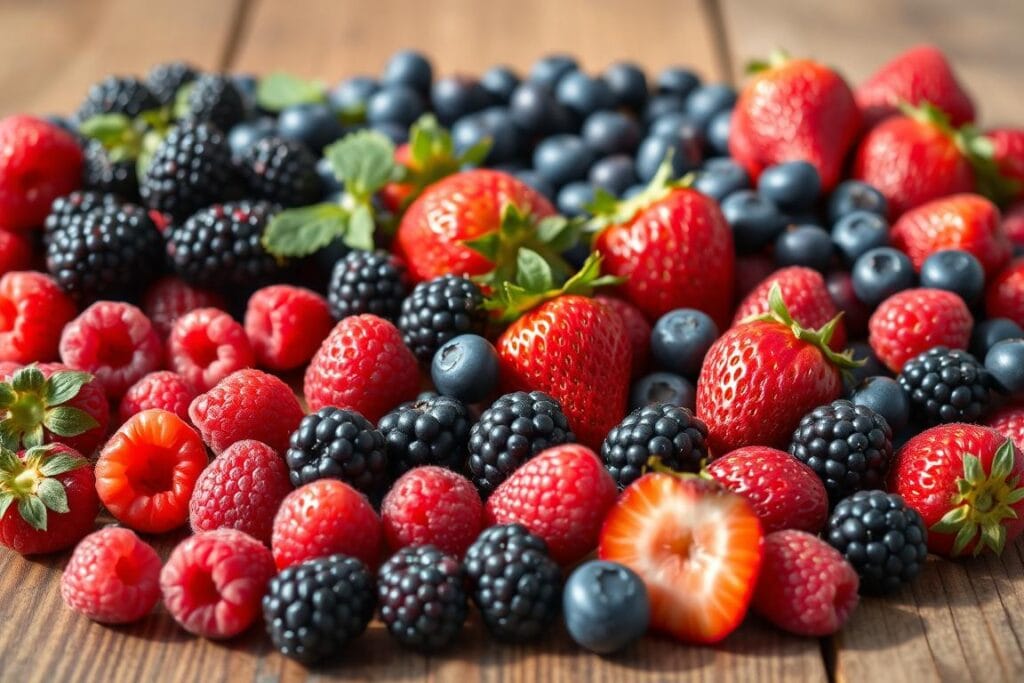 A bountiful display of freshly harvested berries, artfully arranged on a rustic wooden table. In the foreground, plump raspberries, juicy blackberries, and vibrant strawberries, their vibrant colors popping against the natural wood grain. In the middle ground, a variety of blueberries, their dusky hues adding depth and complexity. Carefully positioned to create a visually stunning composition, the berries are bathed in soft, natural lighting, casting gentle shadows and highlights that accentuate their natural beauty. The overall scene evokes a sense of warmth, abundance, and the essence of summer's finest offerings, setting the stage for a delectable berry-based dessert.