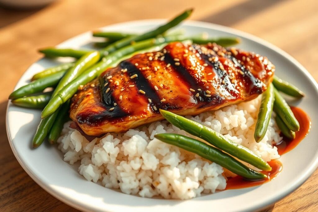 A bountiful plate of healthy, homemade Asian cuisine, featuring a succulent seared sesame chicken breast nestled atop a bed of fluffy, fragrant white rice. Crisp, vibrant green beans are arranged artfully around the plate, drizzled with a glistening sesame-soy sauce. The lighting is warm and natural, casting a soft, inviting glow on the dish. The composition is balanced and visually appealing, with a depth of field that keeps the main elements in sharp focus while the background is gently blurred. The overall mood is one of nourishment, simplicity, and culinary delight. A bountiful plate of healthy, homemade Asian cuisine, featuring a succulent seared sesame chicken breast nestled atop a bed of fluffy, fragrant white rice. Crisp, vibrant green beans are arranged artfully around the plate, drizzled with a glistening sesame-soy sauce. The lighting is warm and natural, casting a soft, inviting glow on the dish. The composition is balanced and visually appealing, with a depth of field that keeps the main elements in sharp focus while the background is gently blurred. The overall mood is one of nourishment, simplicity, and culinary delight.