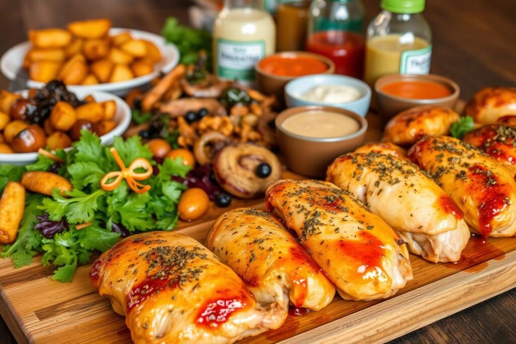 A bountiful spread of roasted chicken variations, captured in a warm, inviting light. In the foreground, succulent chicken thighs seasoned with herbs and spices, drizzled with a glossy glaze. In the middle ground, a medley of side dishes - roasted potatoes, caramelized onions, and vibrant mixed greens. The background showcases an array of sauces and garnishes, from zesty chimichurri to creamy garlic aioli, all artfully arranged on a rustic wooden table. The scene exudes a cozy, homey atmosphere, inviting the viewer to explore these delectable chicken recipes and discover new flavor combinations. A bountiful spread of roasted chicken variations, captured in a warm, inviting light. In the foreground, succulent chicken thighs seasoned with herbs and spices, drizzled with a glossy glaze. In the middle ground, a medley of side dishes - roasted potatoes, caramelized onions, and vibrant mixed greens. The background showcases an array of sauces and garnishes, from zesty chimichurri to creamy garlic aioli, all artfully arranged on a rustic wooden table. The scene exudes a cozy, homey atmosphere, inviting the viewer to explore these delectable chicken recipes and discover new flavor combinations.
