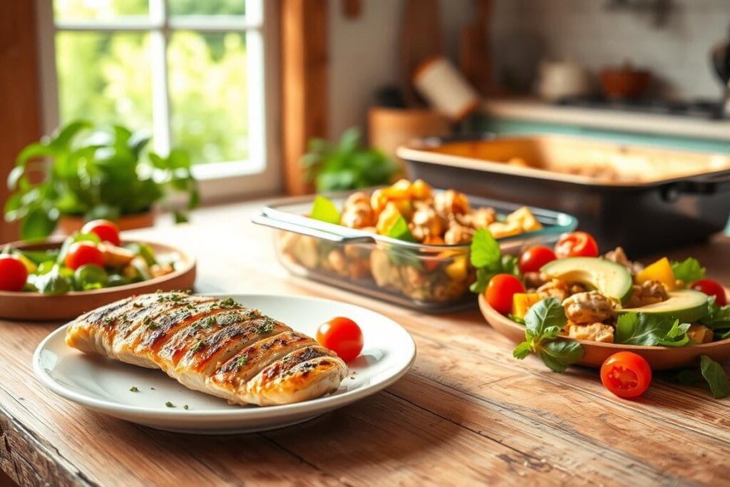 A bright, airy kitchen scene with a variety of gluten-free chicken dishes arranged on a rustic wooden table. In the foreground, a plate showcases a succulent grilled chicken breast seasoned with herbs and lemon, accompanied by a colorful salad of mixed greens, cherry tomatoes, and avocado. In the middle ground, a casserole dish brimming with a creamy, dairy-free chicken and vegetable stew. The background features a window overlooking a lush, green garden, allowing natural light to softly illuminate the scene. The overall atmosphere is one of nourishment, health, and culinary creativity, capturing the essence of adapting recipes to meet dietary needs. A bright, airy kitchen scene with a variety of gluten-free chicken dishes arranged on a rustic wooden table. In the foreground, a plate showcases a succulent grilled chicken breast seasoned with herbs and lemon, accompanied by a colorful salad of mixed greens, cherry tomatoes, and avocado. In the middle ground, a casserole dish brimming with a creamy, dairy-free chicken and vegetable stew. The background features a window overlooking a lush, green garden, allowing natural light to softly illuminate the scene. The overall atmosphere is one of nourishment, health, and culinary creativity, capturing the essence of adapting recipes to meet dietary needs.