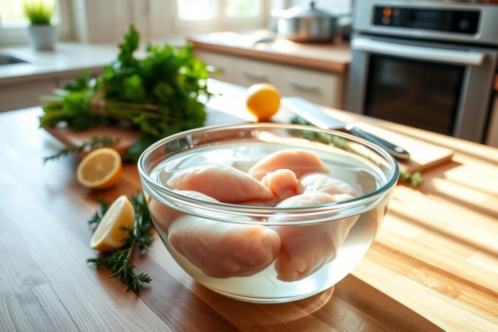 A bright, airy kitchen with natural light illuminating a wooden countertop. In the foreground, a glass bowl filled with a clear brine solution, submerging several raw chicken breasts. Close by, a bundle of fresh herbs and a lemon slice add vibrant pops of color. The middle ground features a chef's knife, a wooden cutting board, and a few sprigs of rosemary, hinting at the preparation steps to come. In the background, a glimpse of a stainless steel oven and a neutral-toned backsplash set the stage for the final baking process. The scene conveys a sense of culinary expertise and a thoughtful, step-by-step approach to achieving a delicious, healthy baked chicken dish. A bright, airy kitchen with natural light illuminating a wooden countertop. In the foreground, a glass bowl filled with a clear brine solution, submerging several raw chicken breasts. Close by, a bundle of fresh herbs and a lemon slice add vibrant pops of color. The middle ground features a chef's knife, a wooden cutting board, and a few sprigs of rosemary, hinting at the preparation steps to come. In the background, a glimpse of a stainless steel oven and a neutral-toned backsplash set the stage for the final baking process. The scene conveys a sense of culinary expertise and a thoughtful, step-by-step approach to achieving a delicious, healthy baked chicken dish.