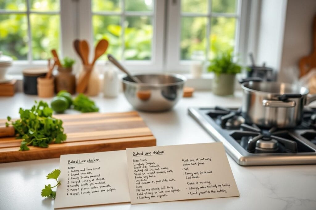 A bright, well-lit kitchen counter with a wooden cutting board, fresh herbs, and an assortment of cooking utensils. In the foreground, a set of handwritten recipe cards with clear steps and ingredients for baked lime chicken. In the middle ground, a stainless steel mixing bowl and a saucepan on the stovetop, steam rising. The background features a large window overlooking a lush, green garden, creating a warm, natural ambiance. The overall mood is one of culinary inspiration and healthy, home-cooked meals. A bright, well-lit kitchen counter with a wooden cutting board, fresh herbs, and an assortment of cooking utensils. In the foreground, a set of handwritten recipe cards with clear steps and ingredients for baked lime chicken. In the middle ground, a stainless steel mixing bowl and a saucepan on the stovetop, steam rising. The background features a large window overlooking a lush, green garden, creating a warm, natural ambiance. The overall mood is one of culinary inspiration and healthy, home-cooked meals.