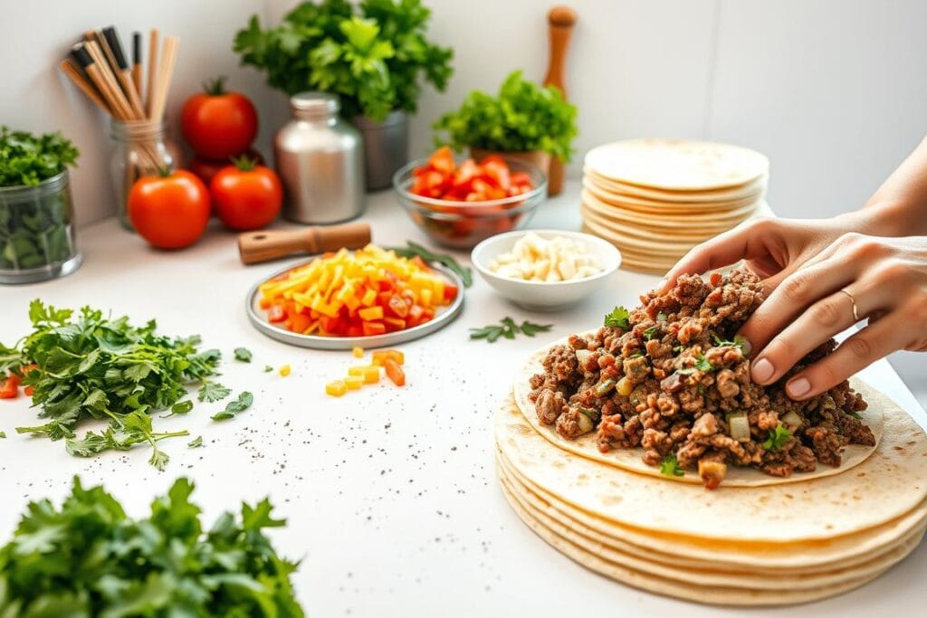 A bright, well-lit kitchen counter with freshly chopped vegetables, herbs, and spices neatly arranged. In the foreground, hands carefully mix a savory filling of sautéed onions, garlic, ground beef, and a blend of Mexican seasonings. The middle ground showcases the prep work, with diced tomatoes, shredded cheese, and a stack of warm tortillas, ready to be assembled. The background features a clean, minimalist environment, allowing the focus to remain on the preparation process. The scene conveys a sense of culinary expertise and the imminent creation of a comforting, homemade dish.