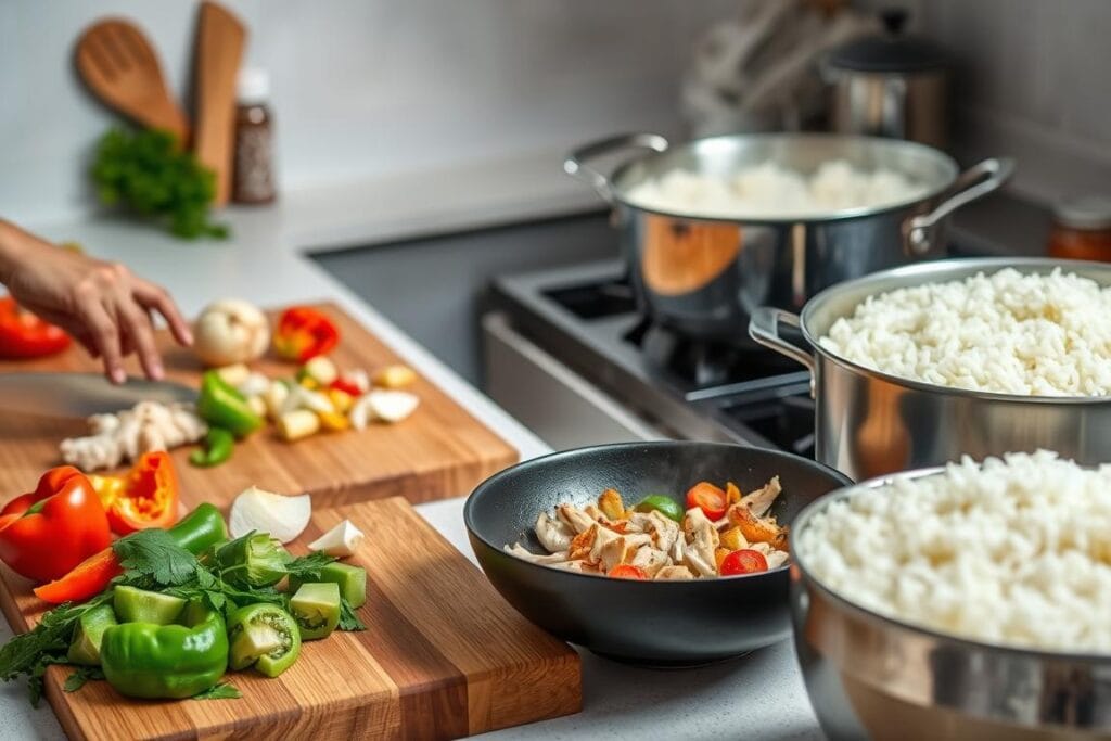 A brightly lit kitchen counter, with a wooden cutting board and an assortment of fresh ingredients neatly arranged. In the foreground, a pair of skilled hands expertly chopping and dicing chicken, bell peppers, and onions. The middle ground features a sizzling skillet, with sautéed vegetables and aromatic spices releasing fragrant steam. In the background, a large pot of steaming rice simmers on the stove, the perfect accompaniment to the flavorful Mexican-inspired dish. The overall scene conveys a sense of culinary mastery, guiding the viewer through the step-by-step cooking process for a delicious and authentic Mexican chicken and rice meal. A brightly lit kitchen counter, with a wooden cutting board and an assortment of fresh ingredients neatly arranged. In the foreground, a pair of skilled hands expertly chopping and dicing chicken, bell peppers, and onions. The middle ground features a sizzling skillet, with sautéed vegetables and aromatic spices releasing fragrant steam. In the background, a large pot of steaming rice simmers on the stove, the perfect accompaniment to the flavorful Mexican-inspired dish. The overall scene conveys a sense of culinary mastery, guiding the viewer through the step-by-step cooking process for a delicious and authentic Mexican chicken and rice meal.