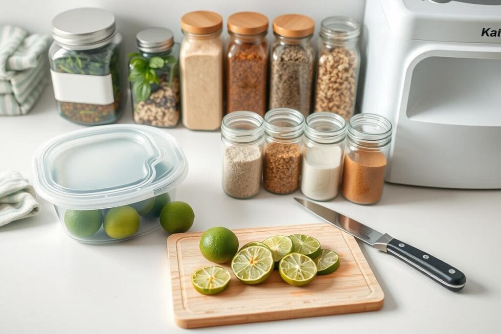 A brightly lit, top-down view of a meticulously organized kitchen counter displaying various meal prep tools and ingredients. In the foreground, a cutting board with freshly sliced limes, an open meal prep container, and a sharp knife. In the middle ground, glass storage jars filled with spices, herbs, and grains. In the background, a clean white appliance and pastel-colored kitchen towels create a soothing, minimalist atmosphere. The lighting is soft and even, highlighting the textures and colors of the scene, conveying a sense of simplicity and efficiency for successful meal preparation. A brightly lit, top-down view of a meticulously organized kitchen counter displaying various meal prep tools and ingredients. In the foreground, a cutting board with freshly sliced limes, an open meal prep container, and a sharp knife. In the middle ground, glass storage jars filled with spices, herbs, and grains. In the background, a clean white appliance and pastel-colored kitchen towels create a soothing, minimalist atmosphere. The lighting is soft and even, highlighting the textures and colors of the scene, conveying a sense of simplicity and efficiency for successful meal preparation.