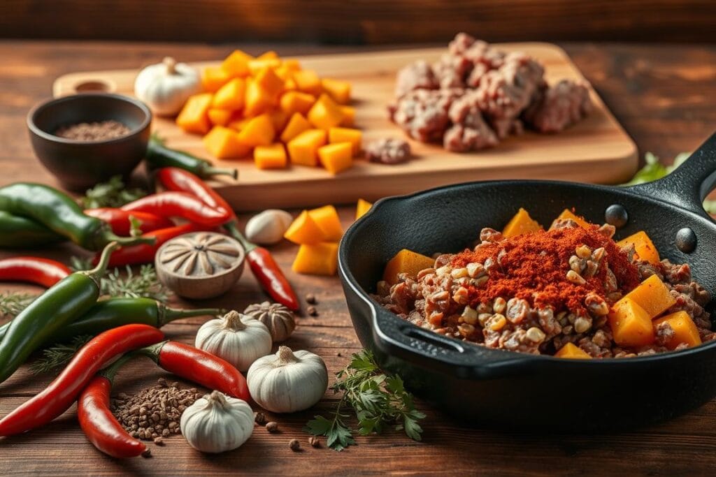 A carefully arranged still life showcasing an array of spices and ingredients essential for a Southwest-inspired skillet recipe. In the foreground, a cast iron skillet takes center stage, surrounded by vibrant chili peppers, garlic cloves, cumin seeds, and aromatic dried oregano. In the middle ground, a wooden cutting board displays diced sweet potatoes, ground beef, and a sprinkle of smoked paprika. The background features a rustic wooden table, with a subtle play of warm, golden lighting, casting a cozy and inviting atmosphere. The composition emphasizes the rich flavors and essential elements that come together to create a flavorful Southwest-style skillet dish. A carefully arranged still life showcasing an array of spices and ingredients essential for a Southwest-inspired skillet recipe. In the foreground, a cast iron skillet takes center stage, surrounded by vibrant chili peppers, garlic cloves, cumin seeds, and aromatic dried oregano. In the middle ground, a wooden cutting board displays diced sweet potatoes, ground beef, and a sprinkle of smoked paprika. The background features a rustic wooden table, with a subtle play of warm, golden lighting, casting a cozy and inviting atmosphere. The composition emphasizes the rich flavors and essential elements that come together to create a flavorful Southwest-style skillet dish.