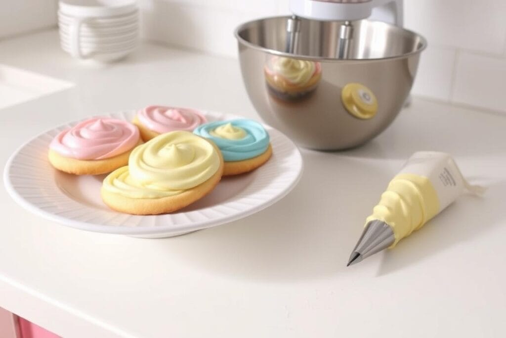 A clean, well-lit kitchen counter with a white porcelain plate holding an assortment of freshly baked sugar cookies. The cookies are decorated with a smooth, glossy buttercream frosting in pastel shades of pink, blue, and yellow. Nearby, a mixing bowl, a hand mixer, and a piping bag filled with frosting sit neatly arranged, suggesting the step-by-step process of creating this delectable dessert. The lighting is soft and diffused, casting gentle shadows and highlighting the texture of the frosting. The overall scene conveys a sense of homemade comfort and attention to detail, perfectly capturing the essence of the "Step-by-Step Sugar Cookie Frosting Recipe" section. A clean, well-lit kitchen counter with a white porcelain plate holding an assortment of freshly baked sugar cookies. The cookies are decorated with a smooth, glossy buttercream frosting in pastel shades of pink, blue, and yellow. Nearby, a mixing bowl, a hand mixer, and a piping bag filled with frosting sit neatly arranged, suggesting the step-by-step process of creating this delectable dessert. The lighting is soft and diffused, casting gentle shadows and highlighting the texture of the frosting. The overall scene conveys a sense of homemade comfort and attention to detail, perfectly capturing the essence of the "Step-by-Step Sugar Cookie Frosting Recipe" section.