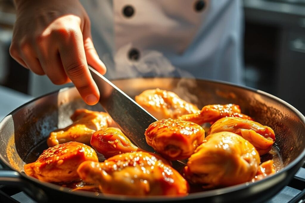 A close-up, high-quality photograph of a chef's hands expertly cooking chicken in a pan with a thick, glossy sesame sauce. Bright, natural lighting illuminates the scene from the side, casting dramatic shadows and highlights on the glistening chicken and gently simmering sauce. The chicken is perfectly browned, with a crispy skin, and the sauce has a rich, deep amber color. The background is blurred, with hints of a clean, modern kitchen visible. The overall scene conveys a sense of skill, care, and the enticing aromas of a delectable sesame chicken dish. A close-up, high-quality photograph of a chef's hands expertly cooking chicken in a pan with a thick, glossy sesame sauce. Bright, natural lighting illuminates the scene from the side, casting dramatic shadows and highlights on the glistening chicken and gently simmering sauce. The chicken is perfectly browned, with a crispy skin, and the sauce has a rich, deep amber color. The background is blurred, with hints of a clean, modern kitchen visible. The overall scene conveys a sense of skill, care, and the enticing aromas of a delectable sesame chicken dish.