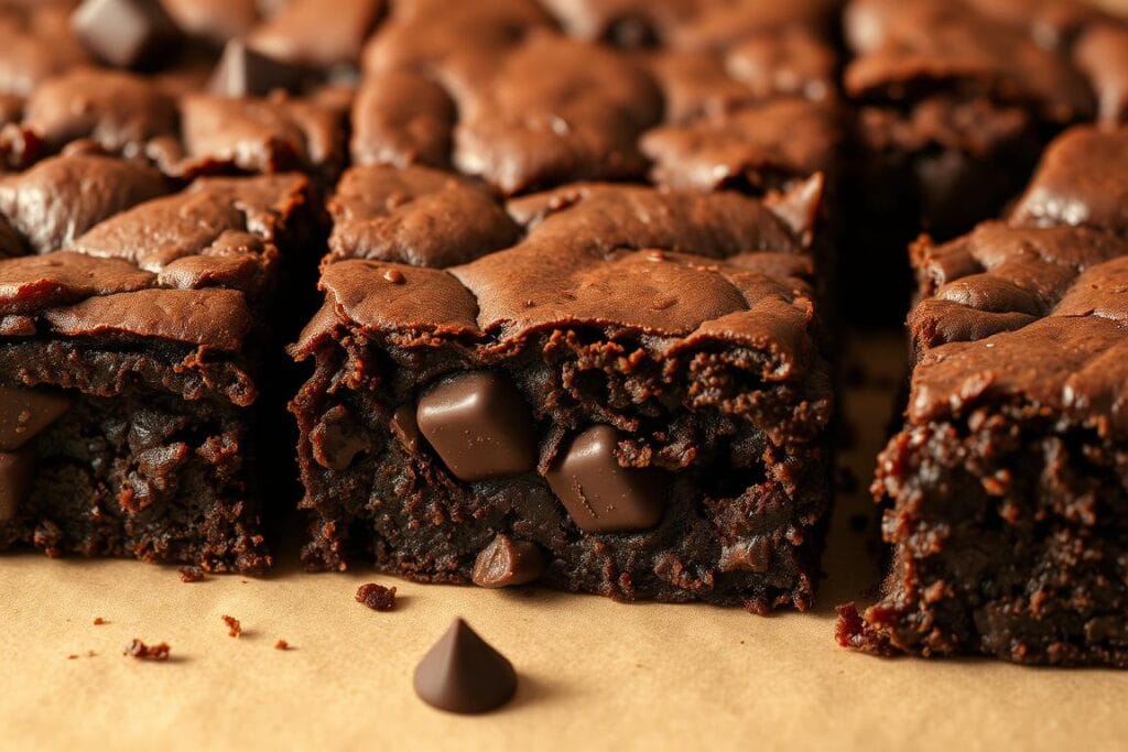 A close-up of freshly baked, gooey and decadent brownies, with a shiny, crackly top and rich, fudgy interior. The brownies are slightly underbaked, giving them a soft, molten texture. Interspersed throughout are generous chunks of high-quality dark chocolate, melted and swirled into the batter. The brownies are illuminated from above by warm, soft lighting, casting shadows that accentuate their luscious appearance. The background is a simple, neutral surface, allowing the brownies to be the undisputed stars of the image. The overall mood is one of indulgence, satisfaction, and the nostalgia of classic school cafeteria treats, elevated to new heights.