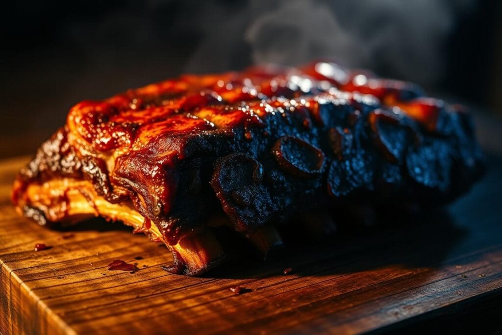 A close-up of sizzling smoked short ribs, perfectly caramelized on the outside, revealing a tender, juicy interior. Backlit by a warm glow, casting dramatic shadows that highlight the succulent texture. The ribs are displayed on a rustic wood surface, with a backdrop of moody, atmospheric lighting, creating a mouthwatering and contemplative scene. Emphasis is on the visual cues of doneness, such as the rich, mahogany color and the way the meat effortlessly pulls away from the bone. A close-up of sizzling smoked short ribs, perfectly caramelized on the outside, revealing a tender, juicy interior. Backlit by a warm glow, casting dramatic shadows that highlight the succulent texture. The ribs are displayed on a rustic wood surface, with a backdrop of moody, atmospheric lighting, creating a mouthwatering and contemplative scene. Emphasis is on the visual cues of doneness, such as the rich, mahogany color and the way the meat effortlessly pulls away from the bone.