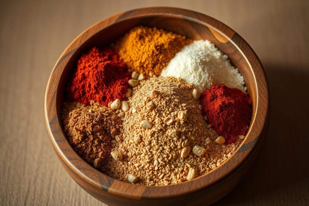 A close-up photograph of an assortment of freshly ground spices arranged in a rustic wooden bowl, illuminated by warm, directional lighting. The blend includes cumin, chili powder, garlic powder, paprika, oregano, and a hint of cayenne, creating a vibrant, earthy color palette. The texture of the spices is clearly visible, with a sense of depth and dimensionality. The bowl is positioned on a simple, neutral background, allowing the seasoning to be the focal point. The overall atmosphere evokes the comforting aroma and flavors of homemade taco seasoning. A close-up photograph of an assortment of freshly ground spices arranged in a rustic wooden bowl, illuminated by warm, directional lighting. The blend includes cumin, chili powder, garlic powder, paprika, oregano, and a hint of cayenne, creating a vibrant, earthy color palette. The texture of the spices is clearly visible, with a sense of depth and dimensionality. The bowl is positioned on a simple, neutral background, allowing the seasoning to be the focal point. The overall atmosphere evokes the comforting aroma and flavors of homemade taco seasoning.