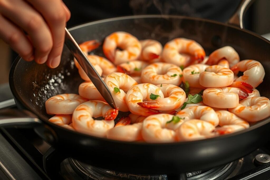 A close-up shot of a chef's hands expertly sautéing fresh shrimp in a hot, well-seasoned cast-iron skillet. The shrimp sizzle and release a tantalizing aroma, their pink shells glistening under the warm, focused lighting. The background is blurred, placing all attention on the delicate dance of the shrimp as they cook to perfect, tender-crisp perfection. A sprinkle of chopped herbs and a squeeze of fresh lime add the finishing touches, elevating the simple but flavorful dish. A close-up shot of a chef's hands expertly sautéing fresh shrimp in a hot, well-seasoned cast-iron skillet. The shrimp sizzle and release a tantalizing aroma, their pink shells glistening under the warm, focused lighting. The background is blurred, placing all attention on the delicate dance of the shrimp as they cook to perfect, tender-crisp perfection. A sprinkle of chopped herbs and a squeeze of fresh lime add the finishing touches, elevating the simple but flavorful dish.