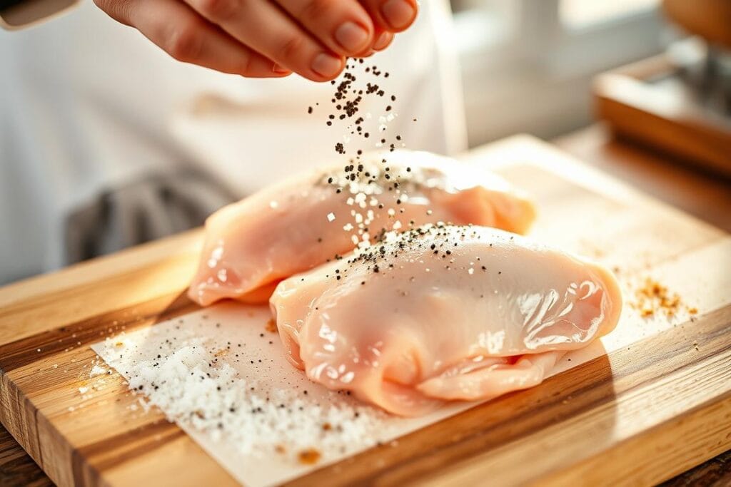 A close-up shot of a chef's hands seasoning raw chicken breasts on a wooden cutting board. The chicken is resting on a crisp white surface, illuminated by warm, natural lighting from a window. Coarse sea salt and freshly ground black pepper are being generously sprinkled over the chicken, creating an appetizing contrast between the glistening skin and dark spices. The background is softly blurred, focusing the viewer's attention on the methodical process of preparing the chicken for the oven. The overall mood is one of culinary expertise, anticipation, and the comforting aroma of a home-cooked meal. A close-up shot of a chef's hands seasoning raw chicken breasts on a wooden cutting board. The chicken is resting on a crisp white surface, illuminated by warm, natural lighting from a window. Coarse sea salt and freshly ground black pepper are being generously sprinkled over the chicken, creating an appetizing contrast between the glistening skin and dark spices. The background is softly blurred, focusing the viewer's attention on the methodical process of preparing the chicken for the oven. The overall mood is one of culinary expertise, anticipation, and the comforting aroma of a home-cooked meal.