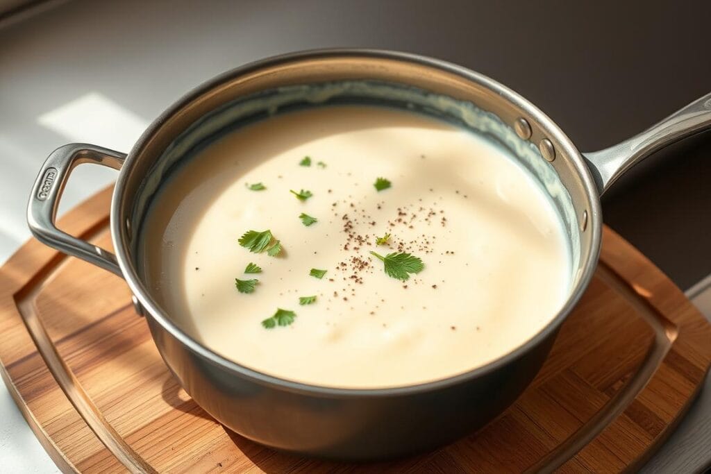 A close-up shot of a creamy, homemade alfredo sauce simmering gently in a saucepan. The sauce is smooth and glossy, with a rich, buttery texture. Flecks of fresh parsley and a sprinkle of cracked black pepper add a touch of freshness and contrast. The pan is situated on a wooden cutting board, with a backdrop of a simple, minimalist kitchen counter. Soft, natural lighting illuminates the scene, casting a warm, inviting glow. The overall mood is one of comforting simplicity, highlighting the homemade nature of the alfredo sauce. A close-up shot of a creamy, homemade alfredo sauce simmering gently in a saucepan. The sauce is smooth and glossy, with a rich, buttery texture. Flecks of fresh parsley and a sprinkle of cracked black pepper add a touch of freshness and contrast. The pan is situated on a wooden cutting board, with a backdrop of a simple, minimalist kitchen counter. Soft, natural lighting illuminates the scene, casting a warm, inviting glow. The overall mood is one of comforting simplicity, highlighting the homemade nature of the alfredo sauce.