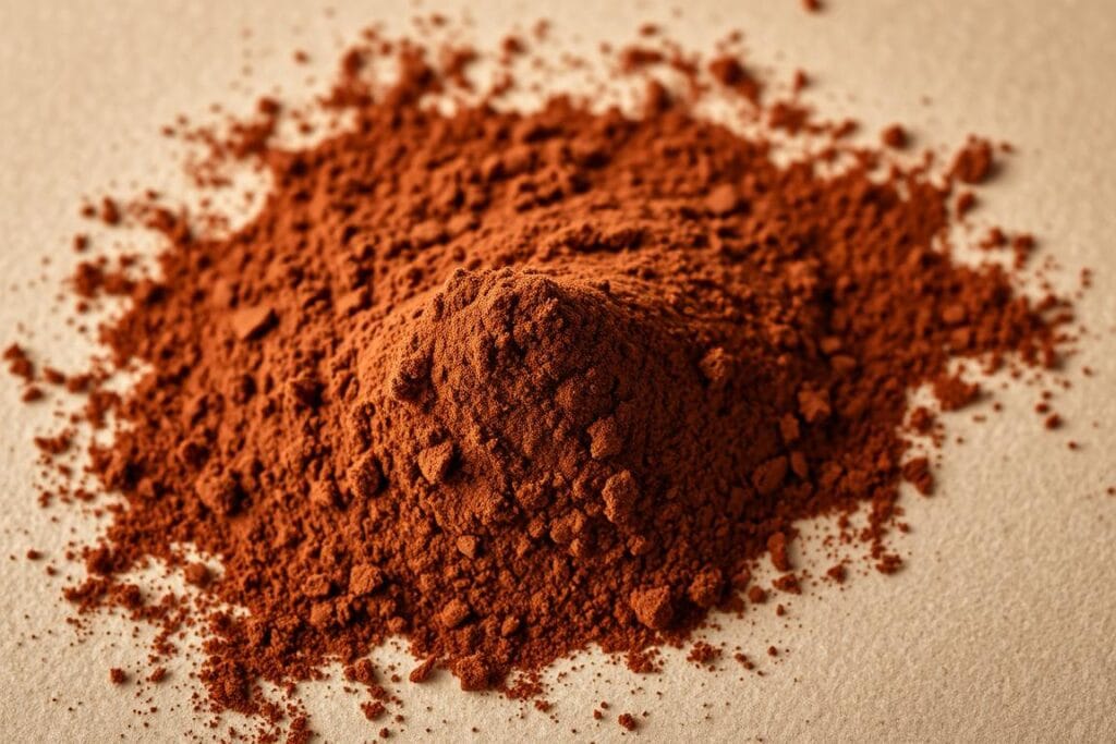A close-up shot of a deep brown, finely textured cocoa powder, evenly illuminated by soft, warm lighting, creating a rich, velvety appearance. The powder is presented against a neutral, slightly textured background, allowing the vibrant hue and intricate patterns to take center stage. The image conveys the luxurious, indulgent nature of this essential baking ingredient, perfectly suited to illustrate the "Essential Ingredients for Your Brownies" section of the article.