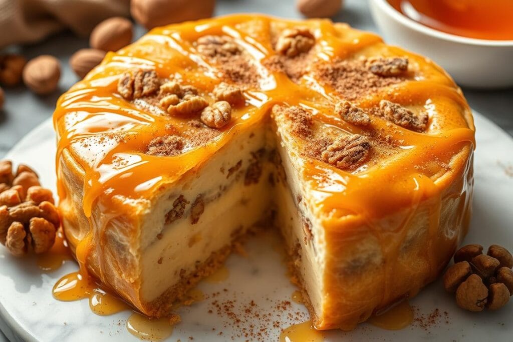A close-up shot of a freshly baked baklava cheesecake, its golden-brown layers of flaky phyllo dough drizzled with a glistening honey glaze. The creamy, rich cheesecake filling is visible through the delicate pastry, sprinkled with chopped walnuts and a dusting of cinnamon. The cake is presented on a white marble surface, complemented by a few whole walnuts and a small bowl of honey nearby. Soft, natural lighting illuminates the scene, highlighting the intricate textures and vibrant colors of this decadent dessert fusion. The image conveys a sense of artisanal craftsmanship and the mouthwatering aroma of this heavenly baklava cheesecake. A close-up shot of a freshly baked baklava cheesecake, its golden-brown layers of flaky phyllo dough drizzled with a glistening honey glaze. The creamy, rich cheesecake filling is visible through the delicate pastry, sprinkled with chopped walnuts and a dusting of cinnamon. The cake is presented on a white marble surface, complemented by a few whole walnuts and a small bowl of honey nearby. Soft, natural lighting illuminates the scene, highlighting the intricate textures and vibrant colors of this decadent dessert fusion. The image conveys a sense of artisanal craftsmanship and the mouthwatering aroma of this heavenly baklava cheesecake.