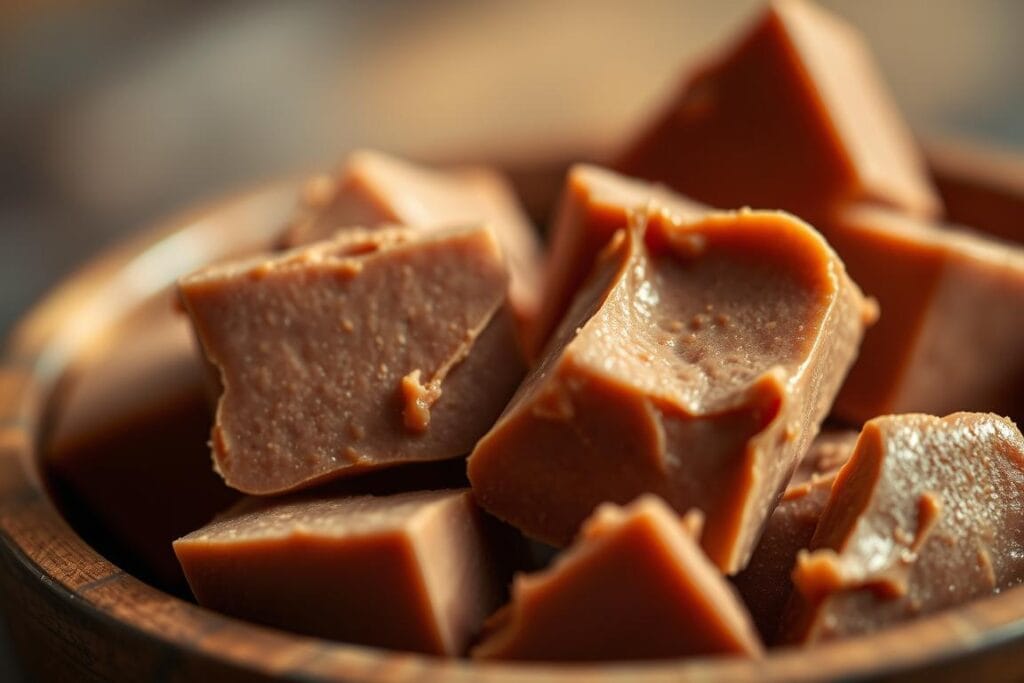 A close-up shot of a fudge texture in an earthy-toned wooden bowl, with a smooth, creamy, and slightly glossy surface. The fudge is illuminated by soft, diffused lighting, casting gentle shadows that accentuate its velvety appearance. The background is slightly blurred, creating a sense of focus on the delicate fudge texture. The image conveys a calm, inviting atmosphere, inviting the viewer to examine the nuances of the fudge's sensory qualities.