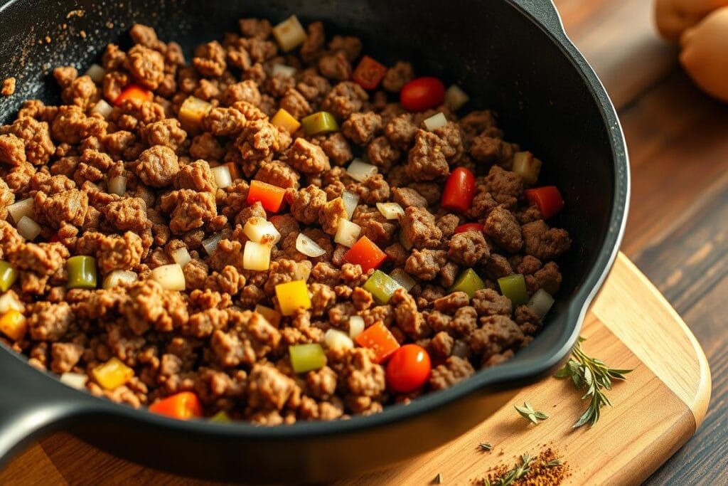 A close-up shot of a large, cast-iron skillet filled with sizzling Tex-Mex beef filling. The ground beef is browned and seasoned with a blend of chili powder, cumin, garlic, and smoked paprika, creating a rich, aromatic base. Diced onions, bell peppers, and tomatoes are sautéed alongside the beef, adding depth and complexity to the filling. The scene is bathed in warm, golden lighting, casting a cozy, homemade atmosphere. The skillet is placed on a wooden cutting board, with a few scattered herbs and spices in the foreground, hinting at the authentic, handcrafted nature of the dish. The background is slightly blurred, keeping the focus on the vibrant, sizzling Tex-Mex beef filling. A close-up shot of a large, cast-iron skillet filled with sizzling Tex-Mex beef filling. The ground beef is browned and seasoned with a blend of chili powder, cumin, garlic, and smoked paprika, creating a rich, aromatic base. Diced onions, bell peppers, and tomatoes are sautéed alongside the beef, adding depth and complexity to the filling. The scene is bathed in warm, golden lighting, casting a cozy, homemade atmosphere. The skillet is placed on a wooden cutting board, with a few scattered herbs and spices in the foreground, hinting at the authentic, handcrafted nature of the dish. The background is slightly blurred, keeping the focus on the vibrant, sizzling Tex-Mex beef filling.