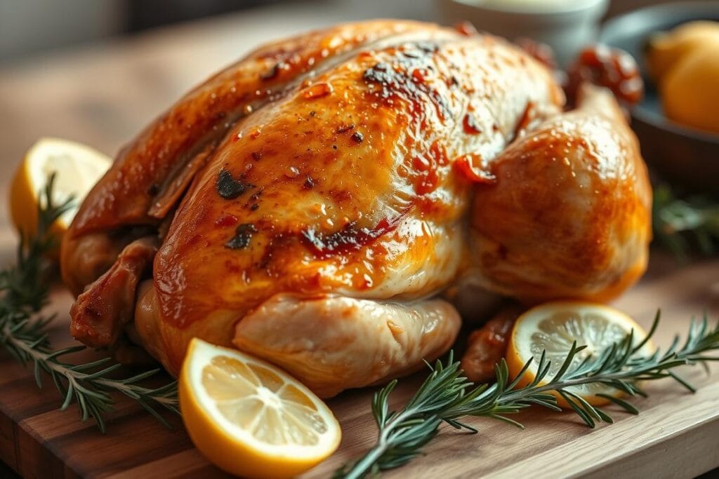 A close-up shot of a perfectly roasted whole chicken, its golden-brown skin glistening under warm, soft lighting. The bird is resting on a wooden cutting board, surrounded by fresh rosemary sprigs and lemon wedges. Tiny droplets of savory juices glisten on the crisp skin, hinting at the moist and flavorful meat within. The scene is captured with a shallow depth of field, keeping the chicken in sharp focus while the background is pleasantly blurred. An air of rustic elegance pervades the image, evoking the comforting and satisfying experience of enjoying a well-prepared roast chicken. A close-up shot of a perfectly roasted whole chicken, its golden-brown skin glistening under warm, soft lighting. The bird is resting on a wooden cutting board, surrounded by fresh rosemary sprigs and lemon wedges. Tiny droplets of savory juices glisten on the crisp skin, hinting at the moist and flavorful meat within. The scene is captured with a shallow depth of field, keeping the chicken in sharp focus while the background is pleasantly blurred. An air of rustic elegance pervades the image, evoking the comforting and satisfying experience of enjoying a well-prepared roast chicken.