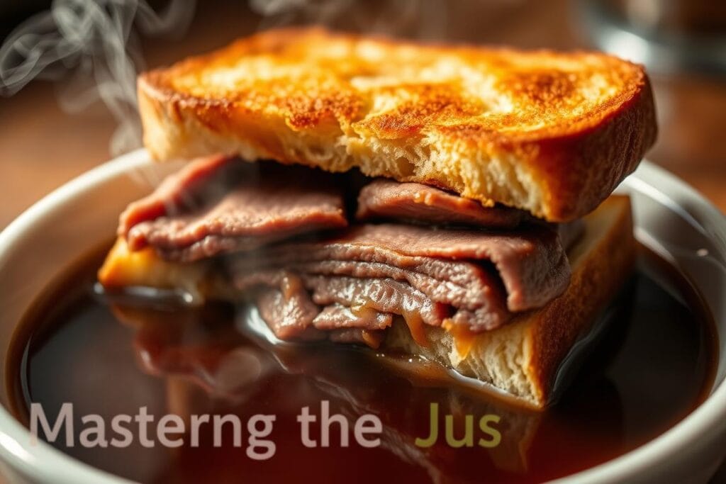 A close-up shot of a piping hot French dip sandwich, submerged in a rich, steaming au jus broth. The bread is toasted to a golden-brown perfection, the tender slices of roast beef glistening with savory juices. Steam rises from the bowl, creating a mouthwatering atmosphere. The lighting is soft and warm, highlighting the depth of the au jus and casting shadows that accentuate the sandwich's textures. The composition places the sandwich prominently in the frame, with a shallow depth of field that blurs the background, keeping the focus on the star of the dish. Conveying the comforting, flavorful essence of "Mastering the Au Jus". A close-up shot of a piping hot French dip sandwich, submerged in a rich, steaming au jus broth. The bread is toasted to a golden-brown perfection, the tender slices of roast beef glistening with savory juices. Steam rises from the bowl, creating a mouthwatering atmosphere. The lighting is soft and warm, highlighting the depth of the au jus and casting shadows that accentuate the sandwich's textures. The composition places the sandwich prominently in the frame, with a shallow depth of field that blurs the background, keeping the focus on the star of the dish. Conveying the comforting, flavorful essence of "Mastering the Au Jus".