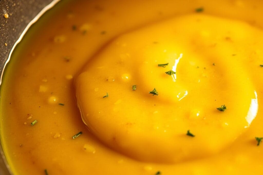 A close-up shot of a rich, creamy garlic butter sauce glistening in the warm lighting. The sauce is thick and glossy, with flecks of freshly minced garlic and a hint of parsley dispersed throughout. The smooth texture is punctuated by tiny air bubbles, creating a luxurious, velvety appearance. The sauce is set against a dark, slightly blurred background, allowing the luscious, golden-hued sauce to take center stage. The entire composition has a soft, inviting and mouthwatering feel, capturing the essence of the "Mastering the Garlic Butter Sauce" section. A close-up shot of a rich, creamy garlic butter sauce glistening in the warm lighting. The sauce is thick and glossy, with flecks of freshly minced garlic and a hint of parsley dispersed throughout. The smooth texture is punctuated by tiny air bubbles, creating a luxurious, velvety appearance. The sauce is set against a dark, slightly blurred background, allowing the luscious, golden-hued sauce to take center stage. The entire composition has a soft, inviting and mouthwatering feel, capturing the essence of the "Mastering the Garlic Butter Sauce" section.