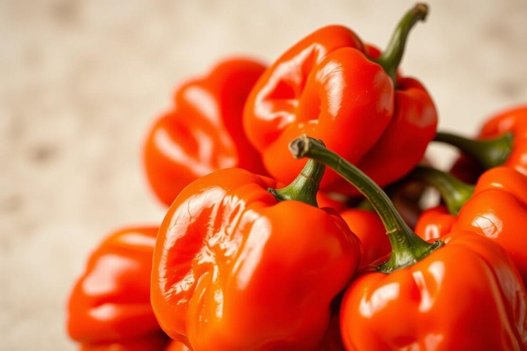 A close-up shot of a vibrant bunch of Scotch Bonnet peppers, their glossy, wrinkled orange-red skin glistening under soft, diffused lighting. The peppers are arranged artfully against a neutral, subtly textured background that showcases their striking color and unique shape. The image captures the peppers' fiery essence, hinting at the bold, complex flavors they will impart in an authentic Jamaican jerk sauce. Careful framing and a shallow depth of field emphasize the peppers as the focal point, drawing the viewer's attention to these essential ingredients for a true taste of the islands. A close-up shot of a vibrant bunch of Scotch Bonnet peppers, their glossy, wrinkled orange-red skin glistening under soft, diffused lighting. The peppers are arranged artfully against a neutral, subtly textured background that showcases their striking color and unique shape. The image captures the peppers' fiery essence, hinting at the bold, complex flavors they will impart in an authentic Jamaican jerk sauce. Careful framing and a shallow depth of field emphasize the peppers as the focal point, drawing the viewer's attention to these essential ingredients for a true taste of the islands.