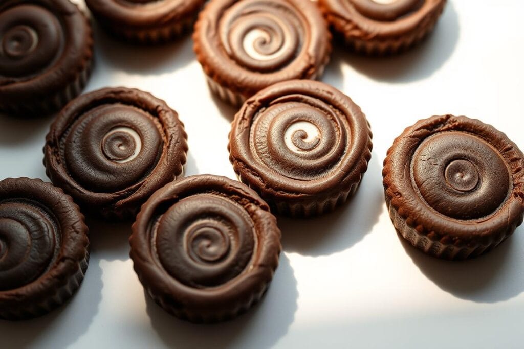 A close-up shot of chocolate peppermint cookie cups arranged on a pristine white surface, casting gentle shadows. The cookies have a rich, dark chocolate shell with delicate peppermint swirls, revealing a creamy, indulgent filling. Soft, diffused lighting highlights the textural details of the cookies, creating a sense of depth and dimension. The composition is balanced, with the cookies positioned symmetrically, allowing the focus to remain on their mouthwatering appearance. The overall mood is one of refined elegance, inviting the viewer to indulge in the decadent treat. A close-up shot of chocolate peppermint cookie cups arranged on a pristine white surface, casting gentle shadows. The cookies have a rich, dark chocolate shell with delicate peppermint swirls, revealing a creamy, indulgent filling. Soft, diffused lighting highlights the textural details of the cookies, creating a sense of depth and dimension. The composition is balanced, with the cookies positioned symmetrically, allowing the focus to remain on their mouthwatering appearance. The overall mood is one of refined elegance, inviting the viewer to indulge in the decadent treat.