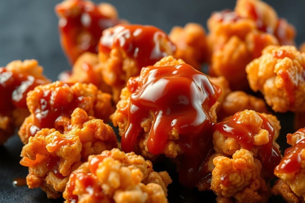 A close-up shot of freshly cooked popcorn chicken coated in a thick, glossy honey barbecue sauce. The chicken pieces are arranged on a dark background, highlighting the glistening sauce that drips and clings to the crispy breading. Soft, natural lighting casts a warm glow, enhancing the vibrant colors and creating a mouthwatering, appetizing scene. The perspective is slightly angled, drawing the viewer's eye to the delectable details of the perfectly distributed sauce coating each tender morsel. A close-up shot of freshly cooked popcorn chicken coated in a thick, glossy honey barbecue sauce. The chicken pieces are arranged on a dark background, highlighting the glistening sauce that drips and clings to the crispy breading. Soft, natural lighting casts a warm glow, enhancing the vibrant colors and creating a mouthwatering, appetizing scene. The perspective is slightly angled, drawing the viewer's eye to the delectable details of the perfectly distributed sauce coating each tender morsel.