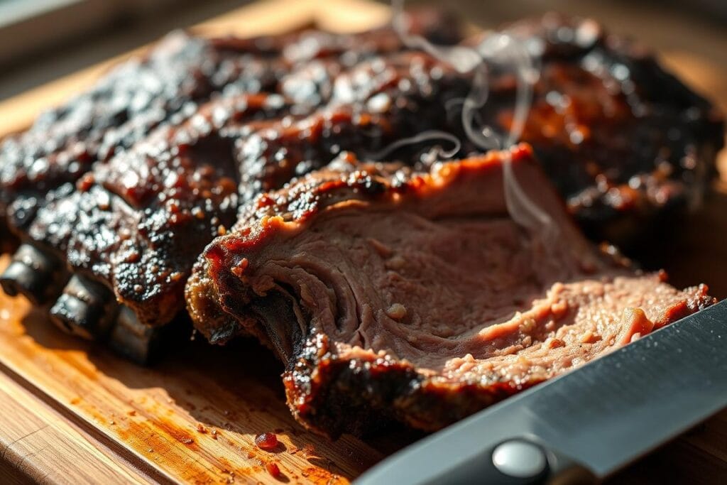 A close-up shot of tender, juicy smoked beef short ribs, resting on a wooden cutting board. The ribs have a deep mahogany color, with a delicate crust and a glistening sheen. Wisps of fragrant smoke curl up from the meat. In the foreground, a sharp carving knife is poised, ready to slice through the tender beef, revealing the succulent, pink interior. Soft, natural lighting bathes the scene, casting warm shadows and highlighting the textural details of the meat. The overall mood is one of mouthwatering anticipation, inviting the viewer to imagine the rich, savory flavors of this perfectly smoked and rested beef short rib dish. A close-up shot of tender, juicy smoked beef short ribs, resting on a wooden cutting board. The ribs have a deep mahogany color, with a delicate crust and a glistening sheen. Wisps of fragrant smoke curl up from the meat. In the foreground, a sharp carving knife is poised, ready to slice through the tender beef, revealing the succulent, pink interior. Soft, natural lighting bathes the scene, casting warm shadows and highlighting the textural details of the meat. The overall mood is one of mouthwatering anticipation, inviting the viewer to imagine the rich, savory flavors of this perfectly smoked and rested beef short rib dish.