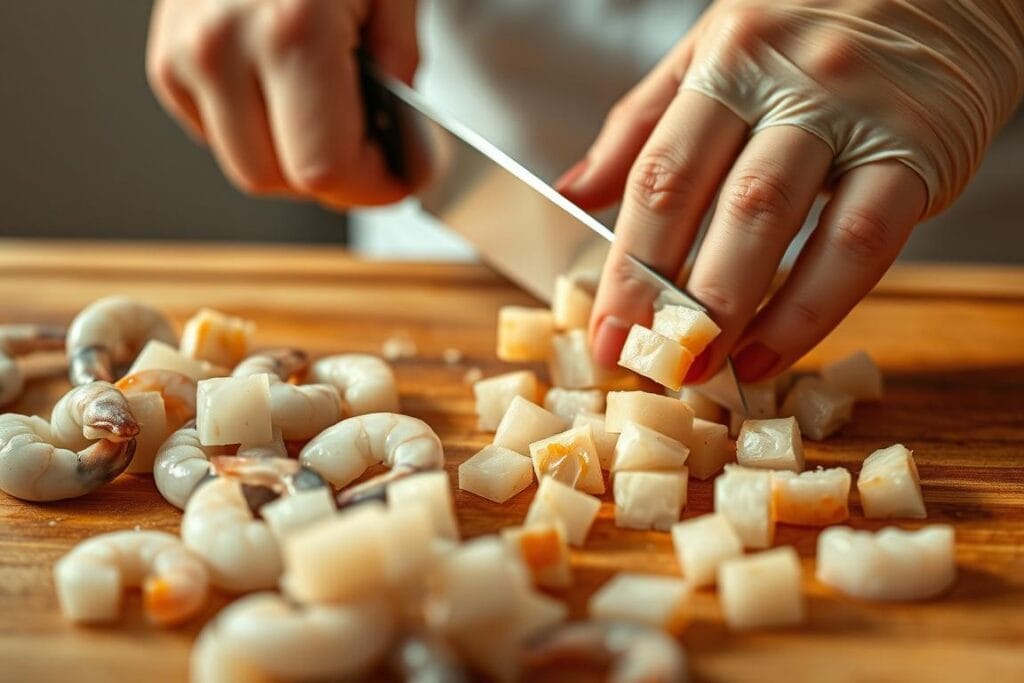 A close-up view of a chef's hands delicately preparing fresh shrimp. In the foreground, the shrimp are being carefully peeled, deveined, and cleaned under soft, warm lighting. The middle ground showcases the chef's precise knife skills as they slice the shrimp into bite-sized pieces. In the background, a wooden cutting board with a subtle grain texture provides an earthy, rustic backdrop. The scene conveys a sense of culinary expertise, care, and attention to detail, perfectly suited for illustrating the "How to Prepare the Shrimp" section of the "Flavorful Shrimp Taco Recipe: Perfect for Any Occasion" article. A close-up view of a chef's hands delicately preparing fresh shrimp. In the foreground, the shrimp are being carefully peeled, deveined, and cleaned under soft, warm lighting. The middle ground showcases the chef's precise knife skills as they slice the shrimp into bite-sized pieces. In the background, a wooden cutting board with a subtle grain texture provides an earthy, rustic backdrop. The scene conveys a sense of culinary expertise, care, and attention to detail, perfectly suited for illustrating the "How to Prepare the Shrimp" section of the "Flavorful Shrimp Taco Recipe: Perfect for Any Occasion" article.