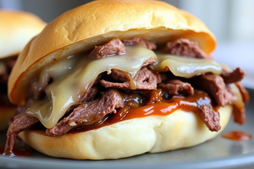 A close-up view of a decadent Crockpot French Dip sandwich, the soft, toasted brioche bun overflowing with juicy roast beef and melted Swiss cheese. The beef is tender and glistening, simmered for hours in a flavorful au jus broth, creating a rich, savory filling. Wisps of steam rise from the sandwich, hinting at the warm, comforting experience to come. The cheese is perfectly melted, forming a golden-brown crust that clings to the edges of the bun. The lighting is soft and natural, highlighting the sandwich's inviting textures and colors. The background is slightly blurred, keeping the focus squarely on this creative variation of the classic French Dip recipe. A close-up view of a decadent Crockpot French Dip sandwich, the soft, toasted brioche bun overflowing with juicy roast beef and melted Swiss cheese. The beef is tender and glistening, simmered for hours in a flavorful au jus broth, creating a rich, savory filling. Wisps of steam rise from the sandwich, hinting at the warm, comforting experience to come. The cheese is perfectly melted, forming a golden-brown crust that clings to the edges of the bun. The lighting is soft and natural, highlighting the sandwich's inviting textures and colors. The background is slightly blurred, keeping the focus squarely on this creative variation of the classic French Dip recipe.